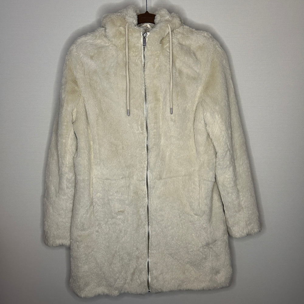 Relish Noless Cream Faux Fur Hooded Full Zip Coat Small NWOT Winter Chic Minimal